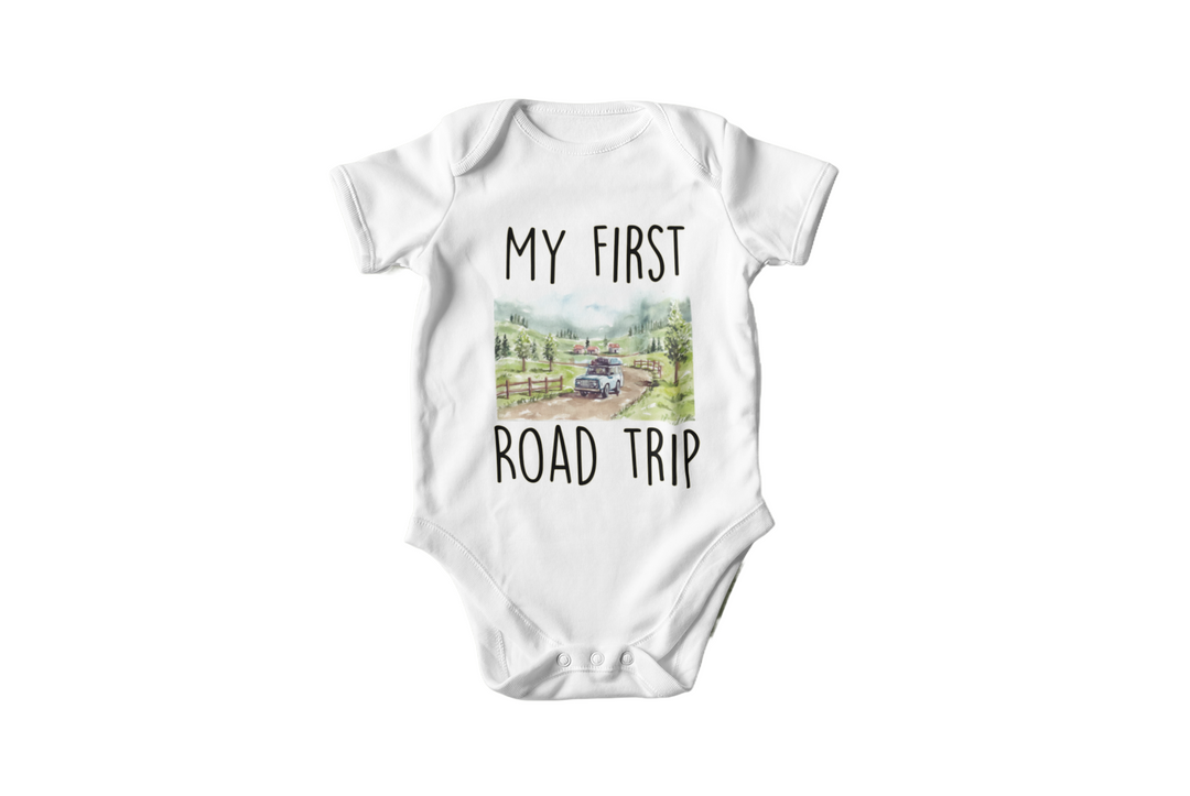 a baby bodysuit that says, my first road trip