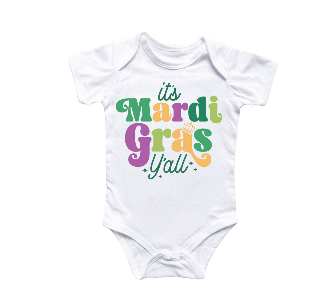 a baby bodysuit that says it's mardi gras y'all