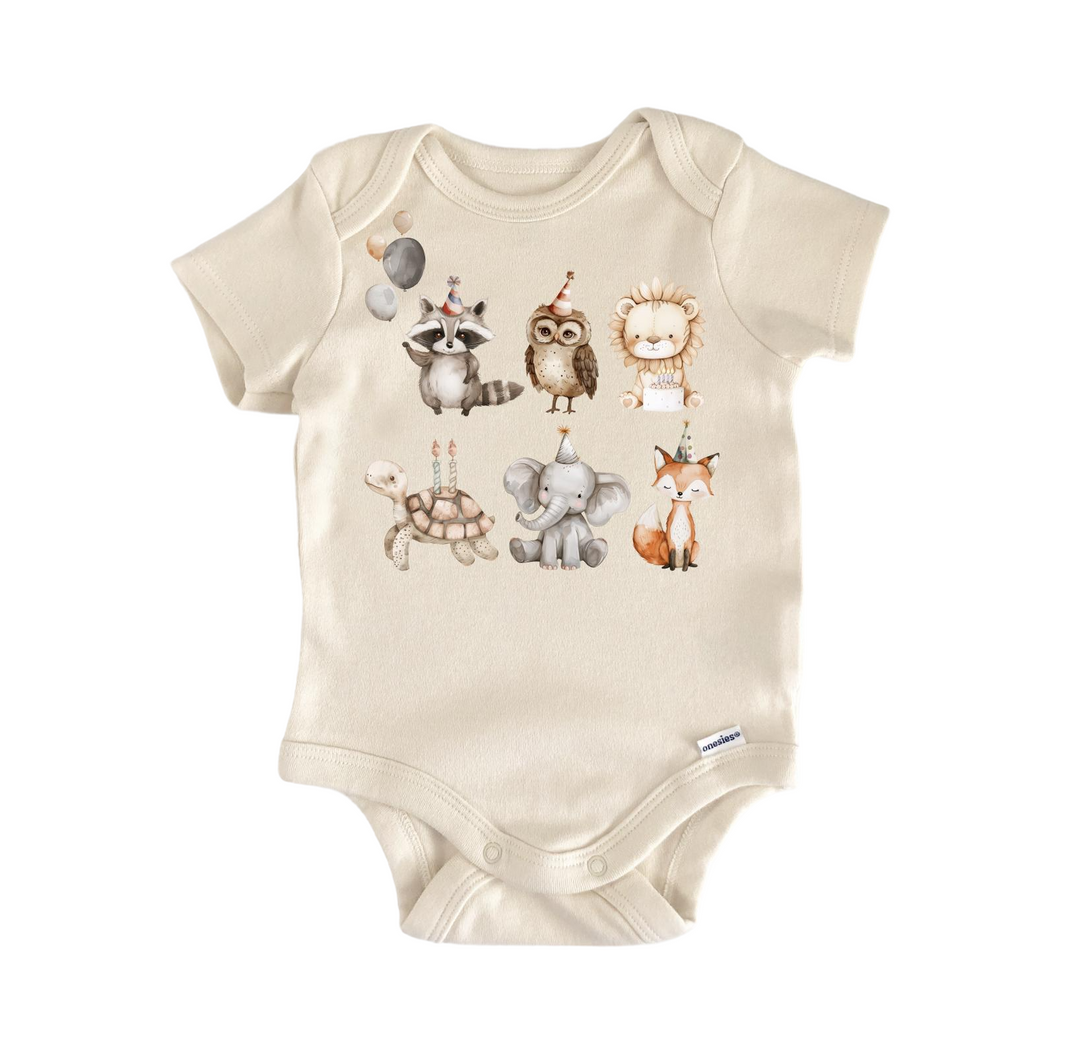 a baby bodysuit with animals on it