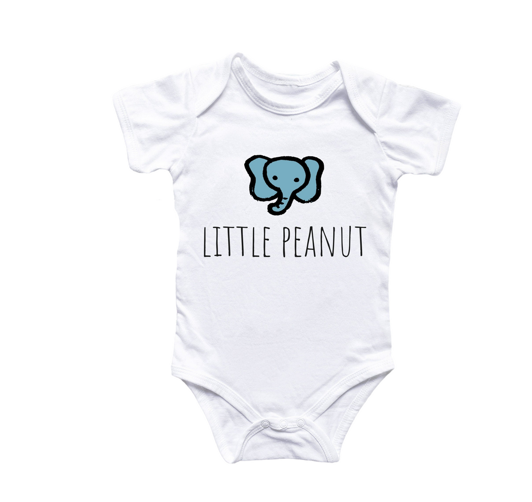 a white bodysuit with a blue elephant on it