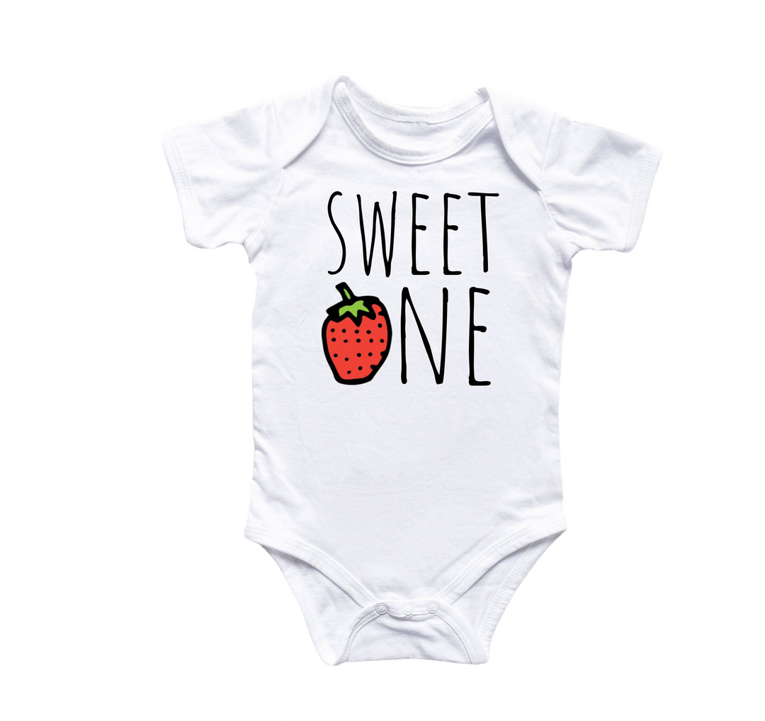 a white bodysuit with a strawberry and the words sweet one on it