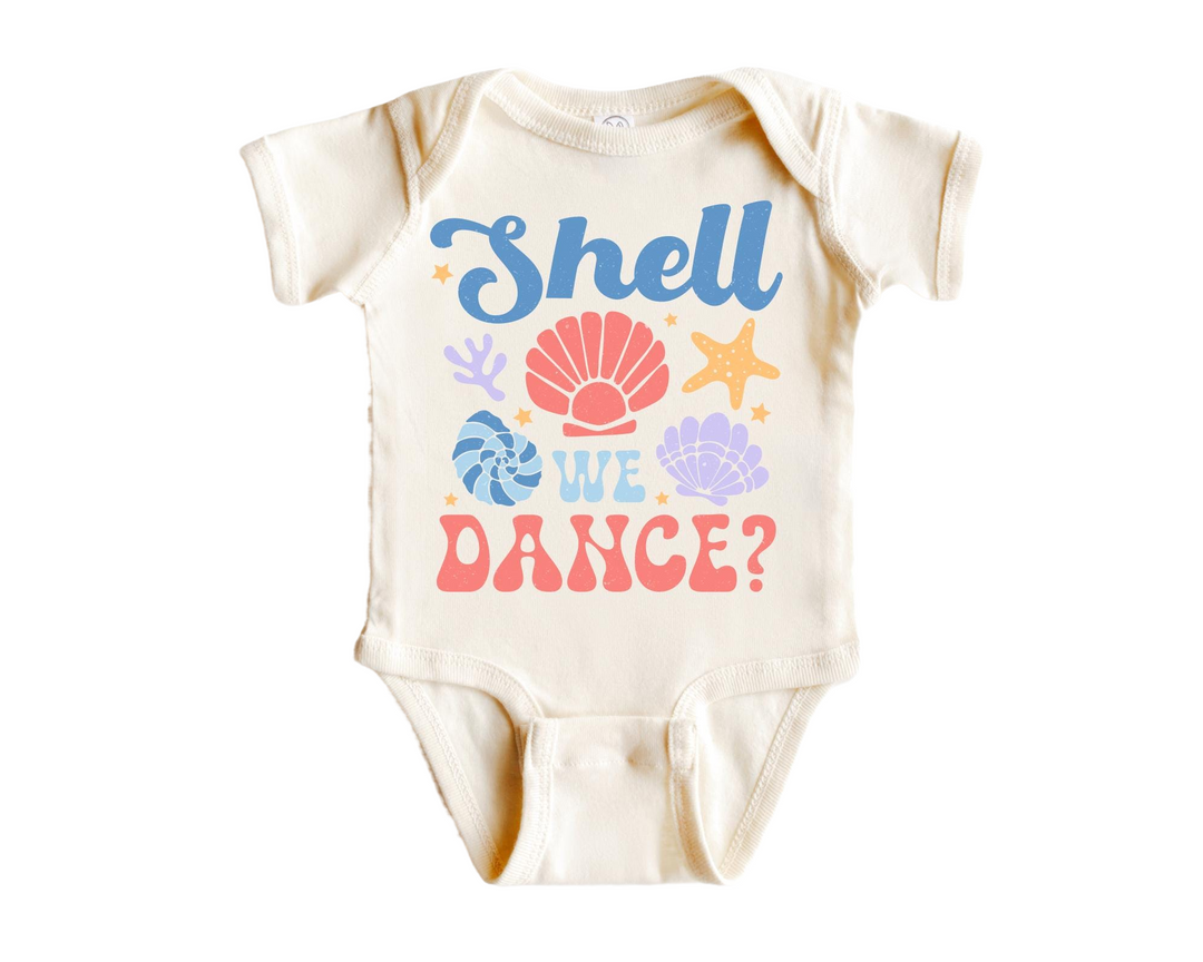 a baby bodysuit that says shell we dance