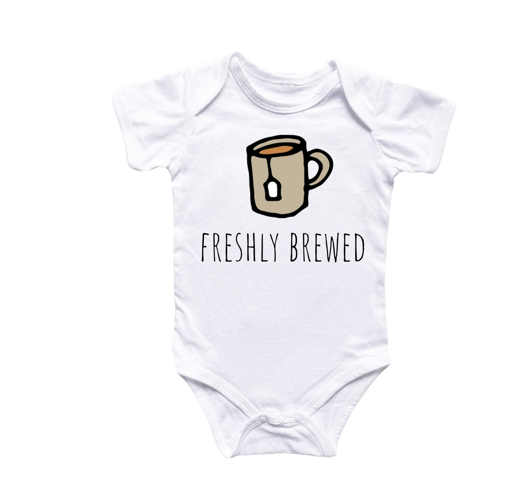 a baby bodysuit with a coffee cup on it