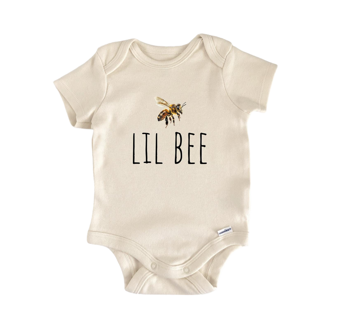 a baby bodysuit with a picture of a bee on it