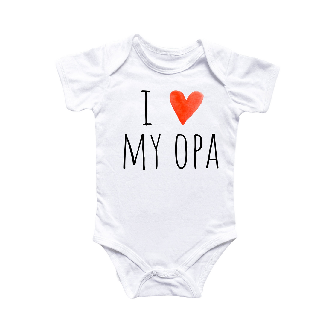 a white bodysuit with a red heart that says i love my opa