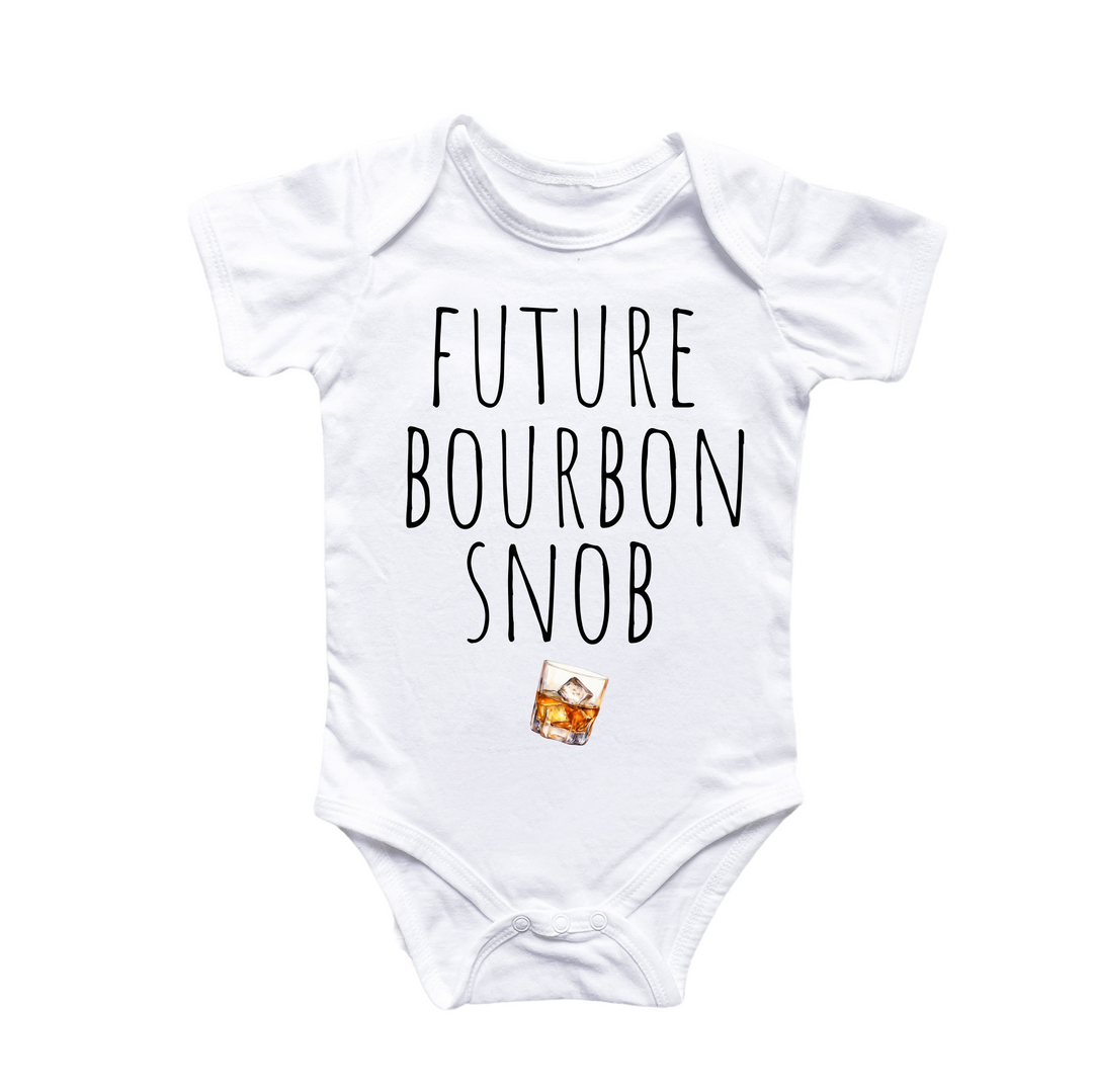 a white baby bodysuit with the words future bourbon snobb