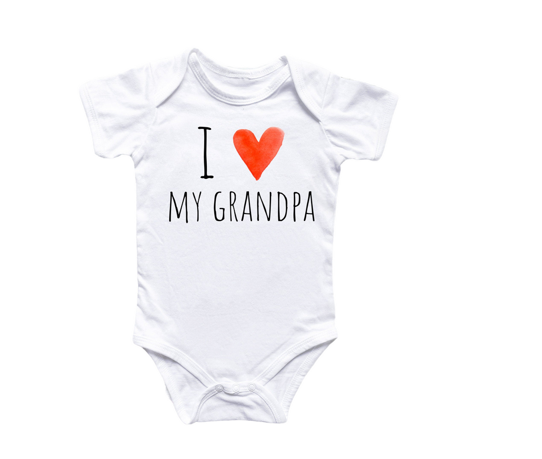 a white baby bodysuit with a red heart and the words i love my grandpa