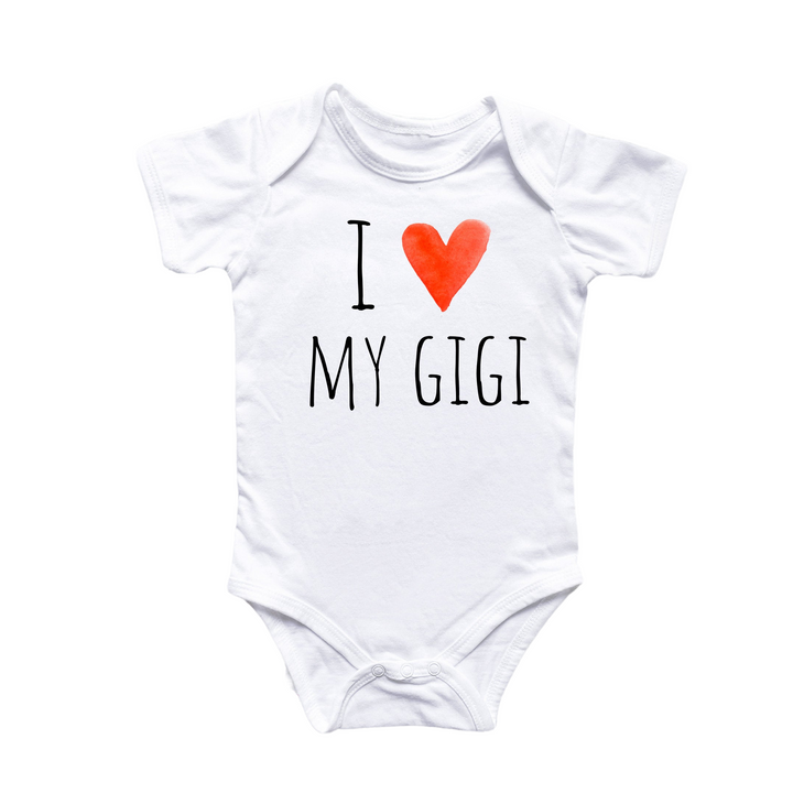 a white bodysuit with a red heart that says i love my gigi