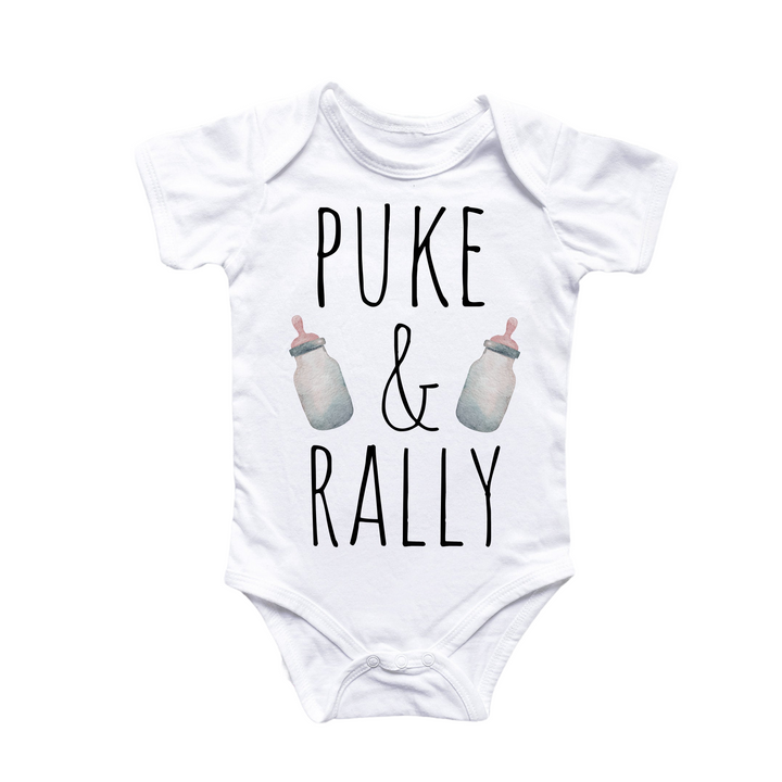 a white bodysuit with the words puke and rally on it