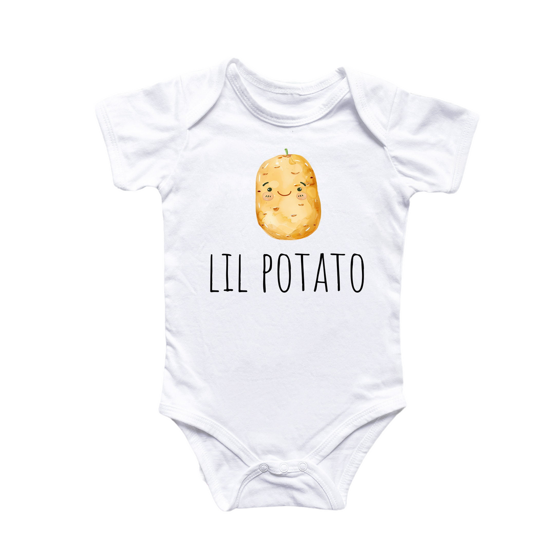 a white bodysuit with a potato on it