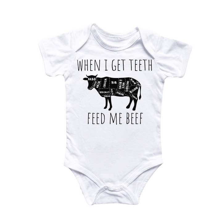 a baby bodysuit with a graphic of a cow that says, when i get