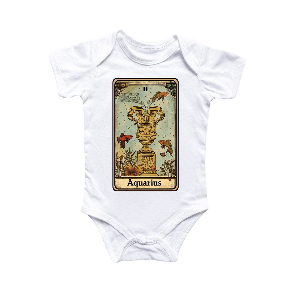 a white baby bodysuit with a picture of an aquarius on it