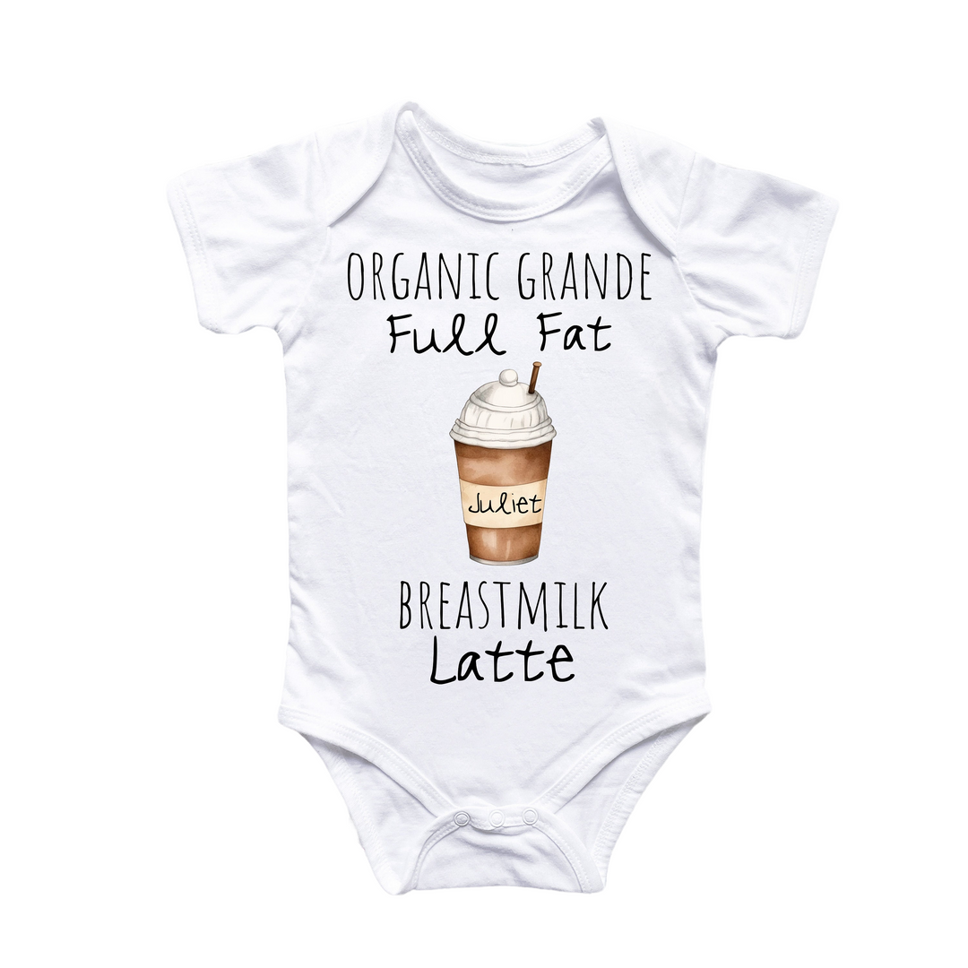 a baby bodysuit with a picture of a cup of coffee