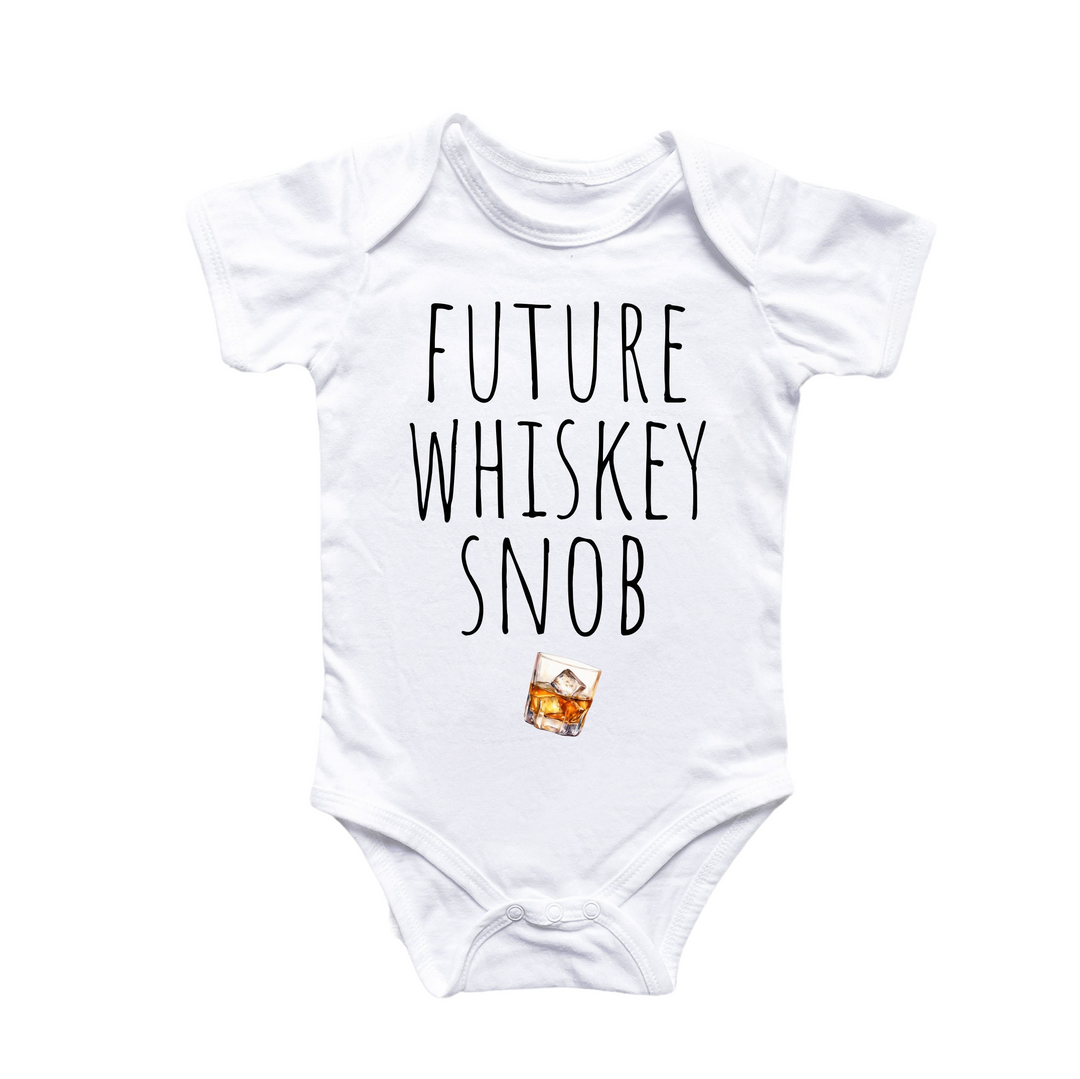 a white baby bodysuit with the words future whiskey snobb on it