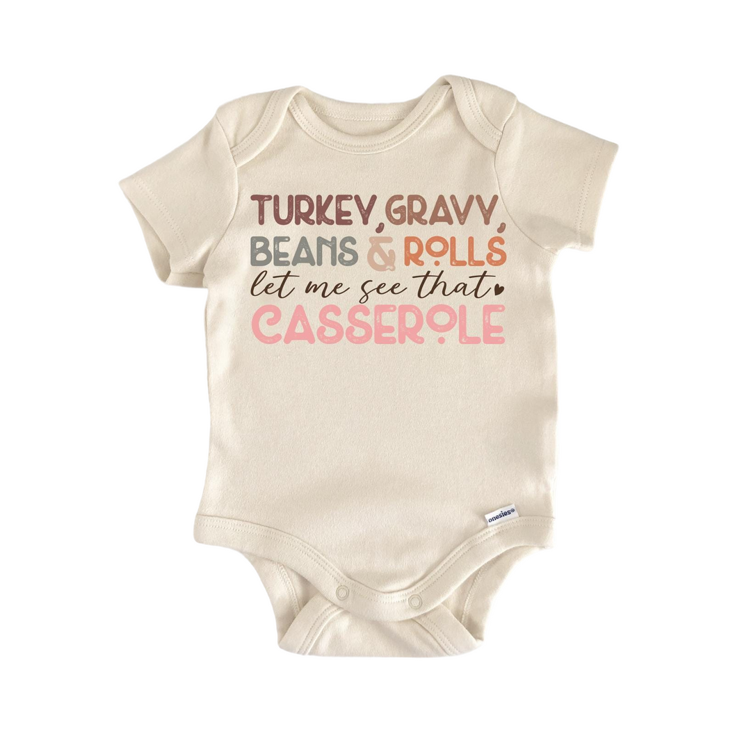 a baby bodysuit that says turkey, gravy, beans and rolls eat