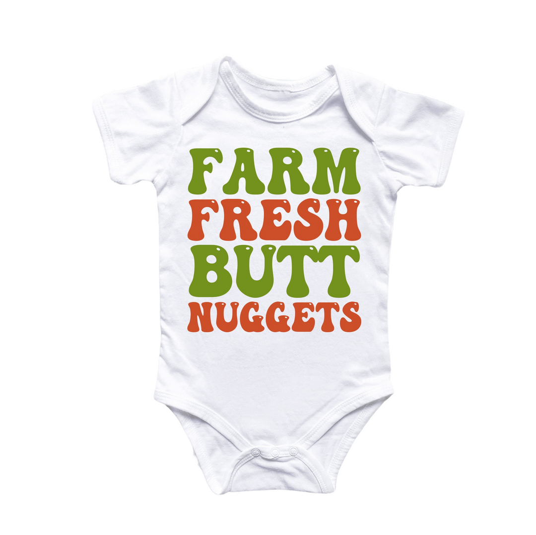 a baby bodysuit that says farm fresh but nuggets