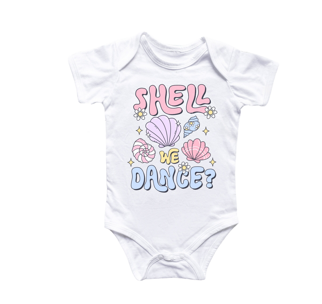 a baby bodysuit that says shell we dance?