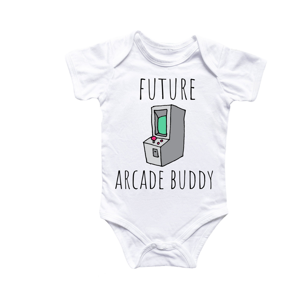 a white baby bodysuit with the words, future arcade buddy