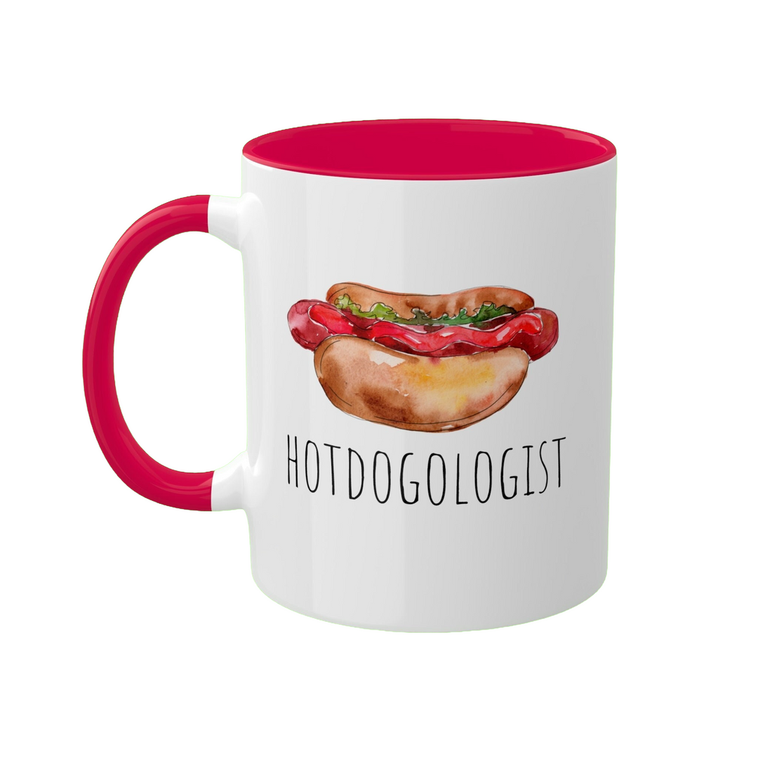 a red and white coffee mug with a hotdog on it