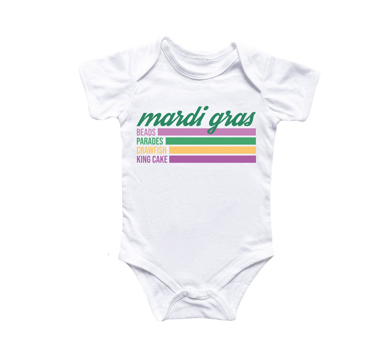 a white bodysuit with the words mardi gras on it