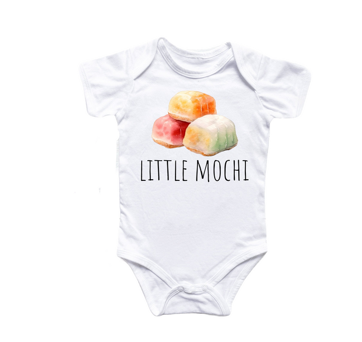 a white bodysuit with three little mochis on it