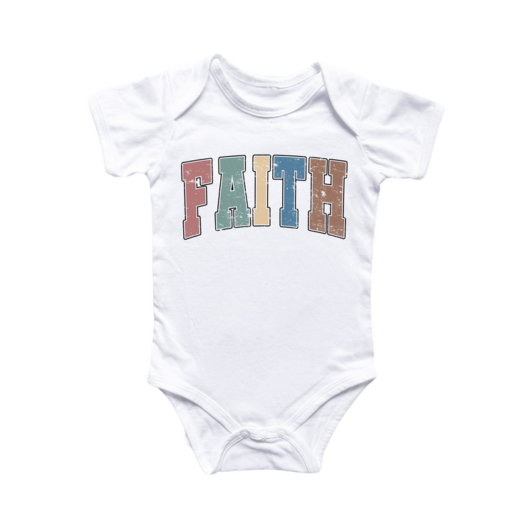 a white bodysuit with the word faith printed on it