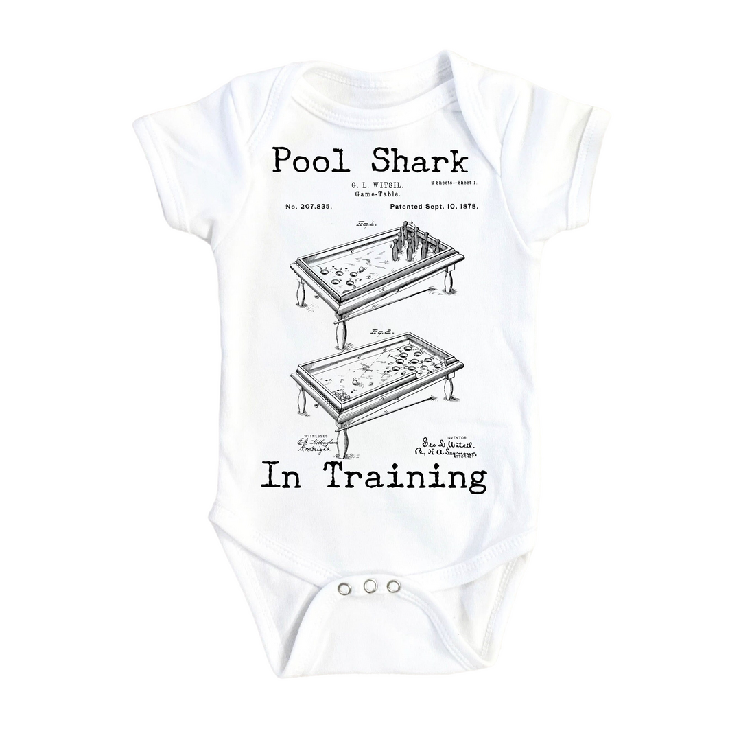 a baby bodysuit with an image of a pool shark in training