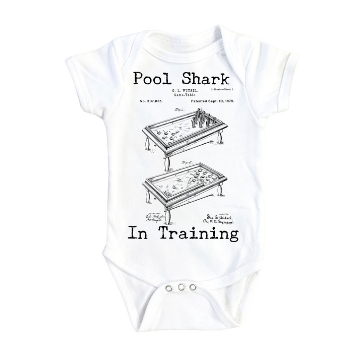 a baby bodysuit with an image of a pool shark in training