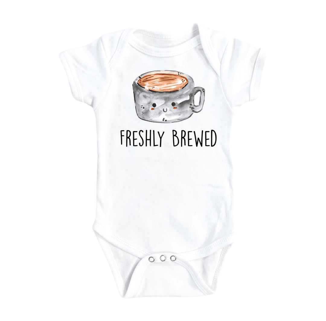 a baby bodysuit with a cup of coffee on it