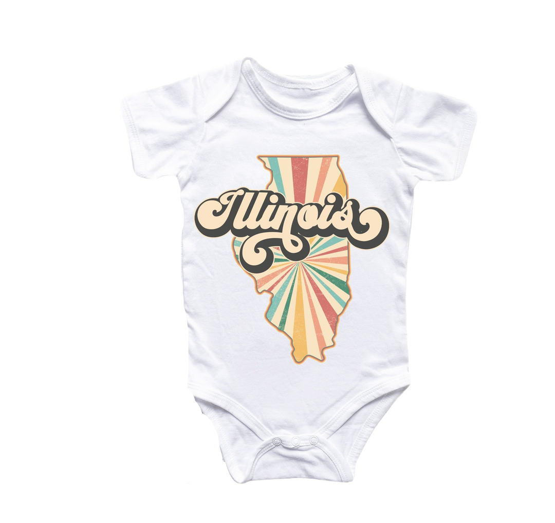 a white bodysuit with the word illinois on it