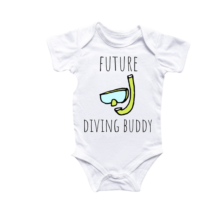 a white bodysuit with the words future diving buddy printed on it