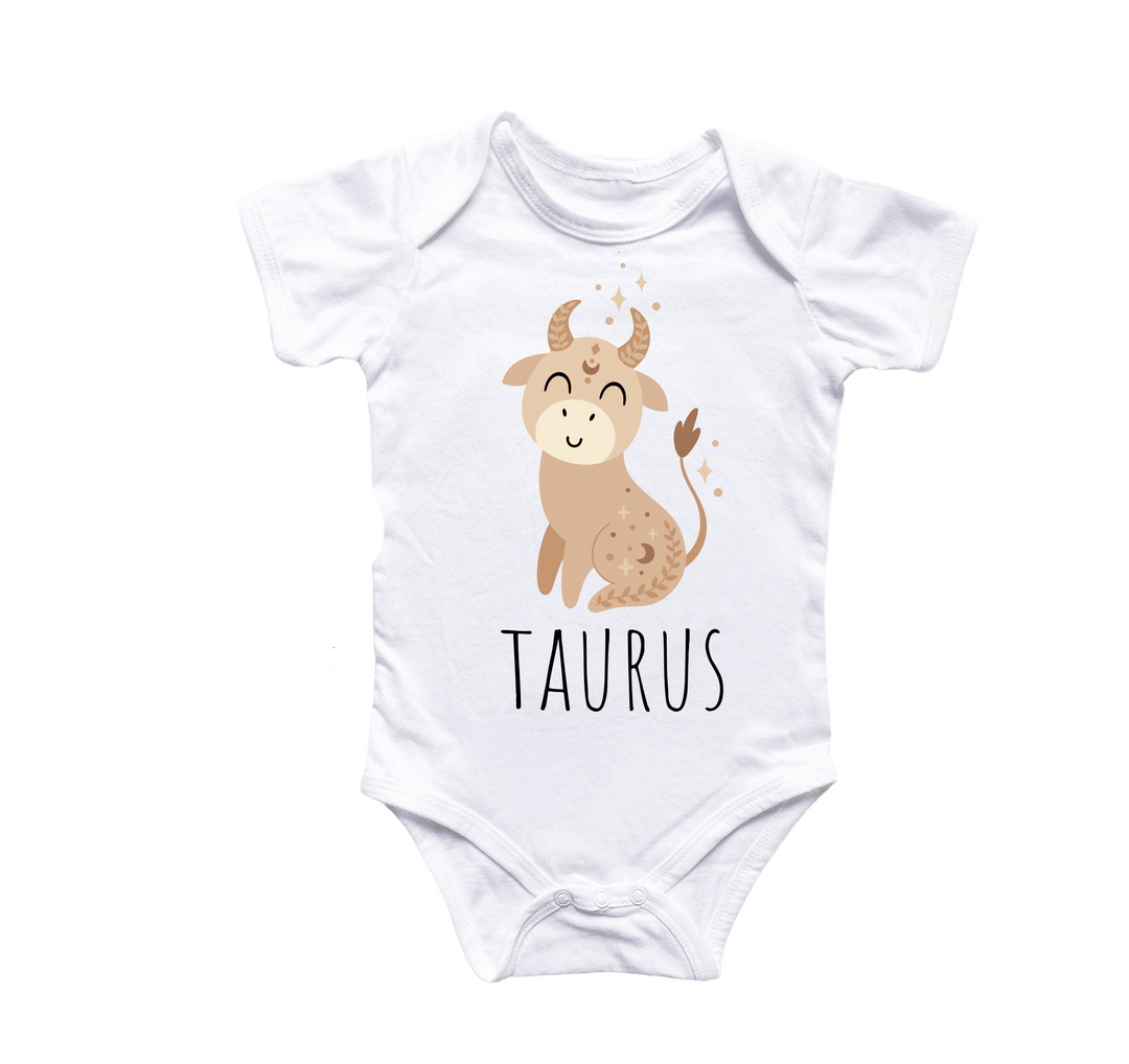 a baby bodysuit with a picture of a taurus on it