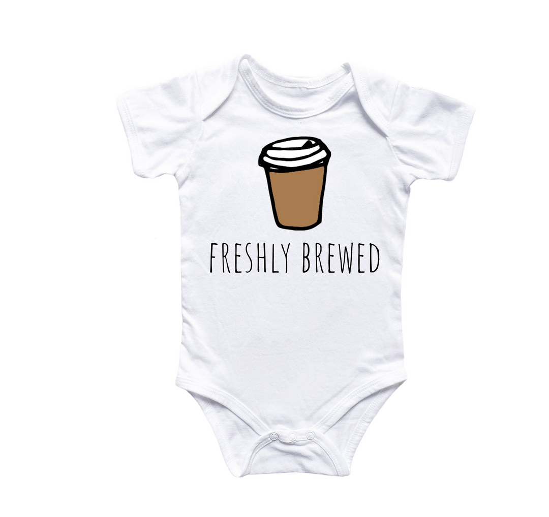 a baby bodysuit with a cup of coffee on it