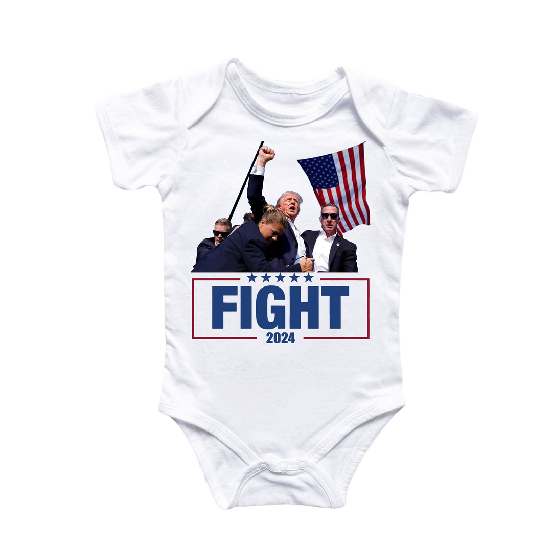 a baby bodysuit with a picture of a man holding a flag