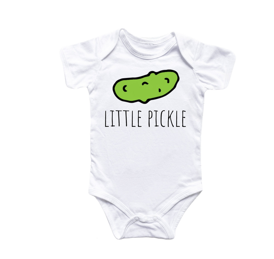 a white bodysuit with a green pickle on it