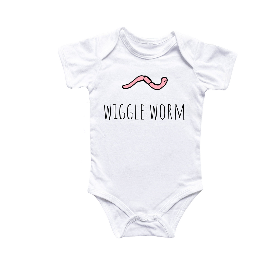 a white bodysuit with the words wiggle wormm on it