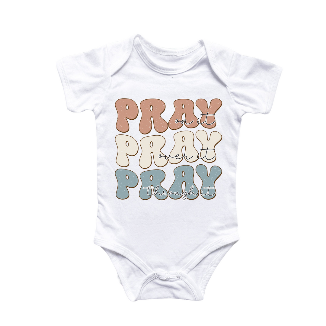 a baby bodysuit that says pray pray pray