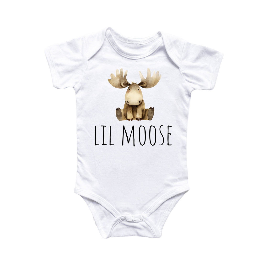 a white bodysuit with a moose on it