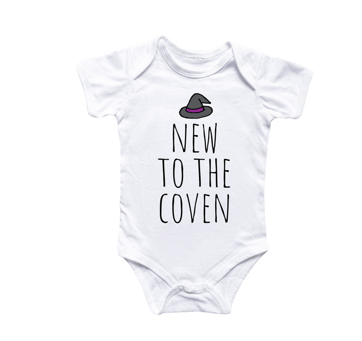 a white bodysuit with the words new to the coven printed on it