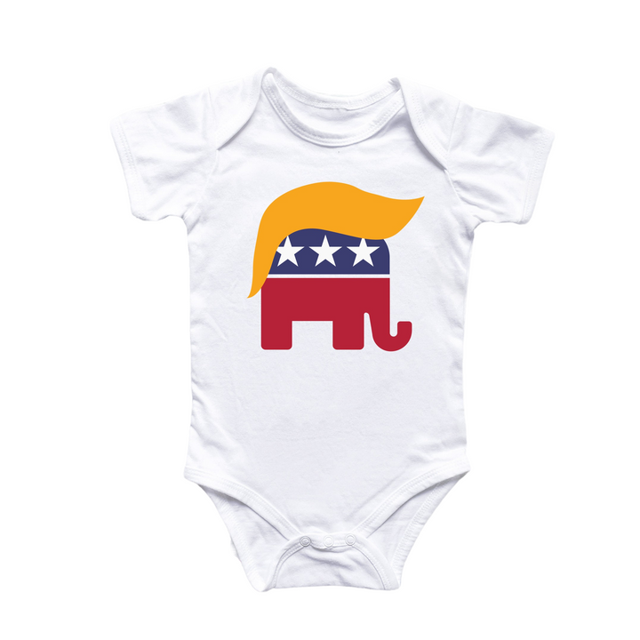 a baby bodysuit with a graphic of a republican elephant