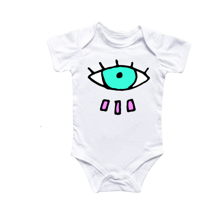 a baby bodysuit with an eye drawn on it