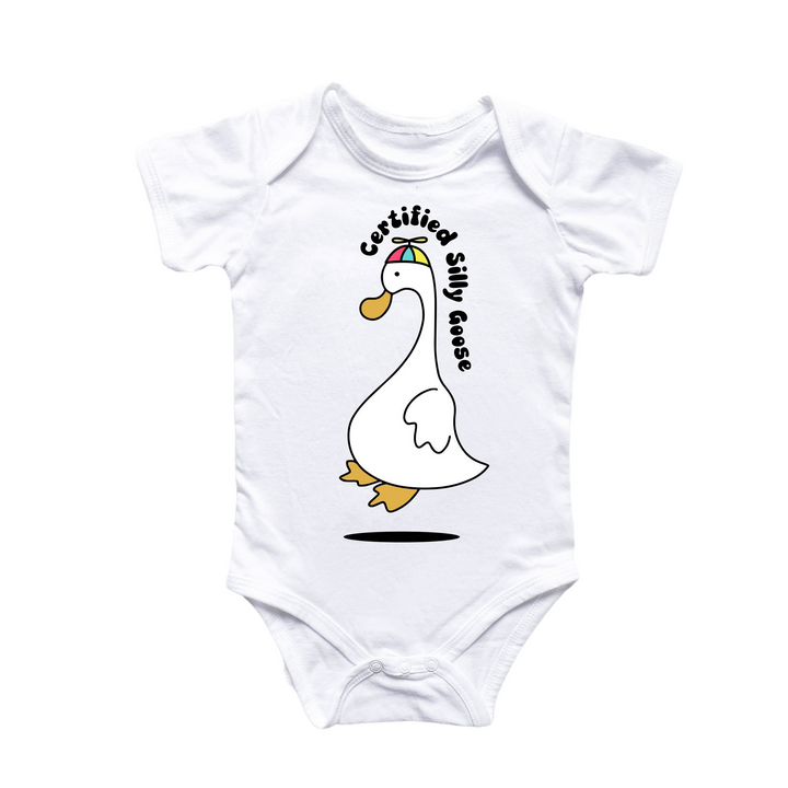 a white bodysuit with a cartoon duck on it