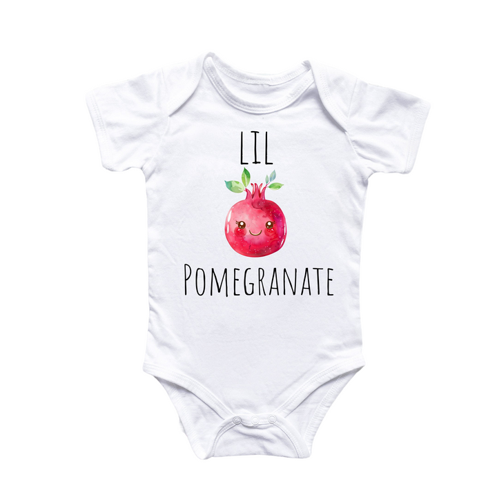 a white bodysuit with the words'lit pomegranate'printed on