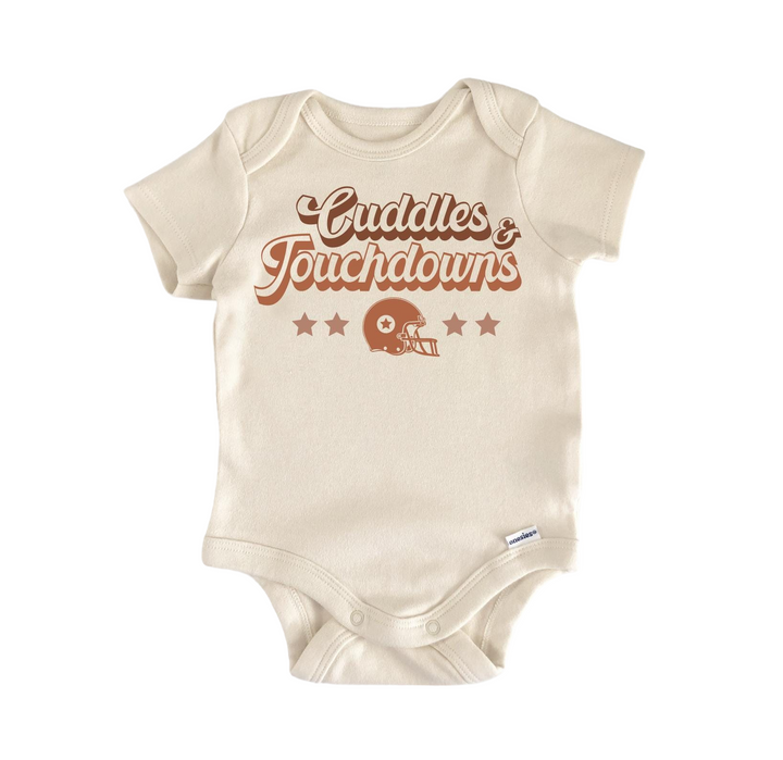 a baby bodysuit with a football helmet on it