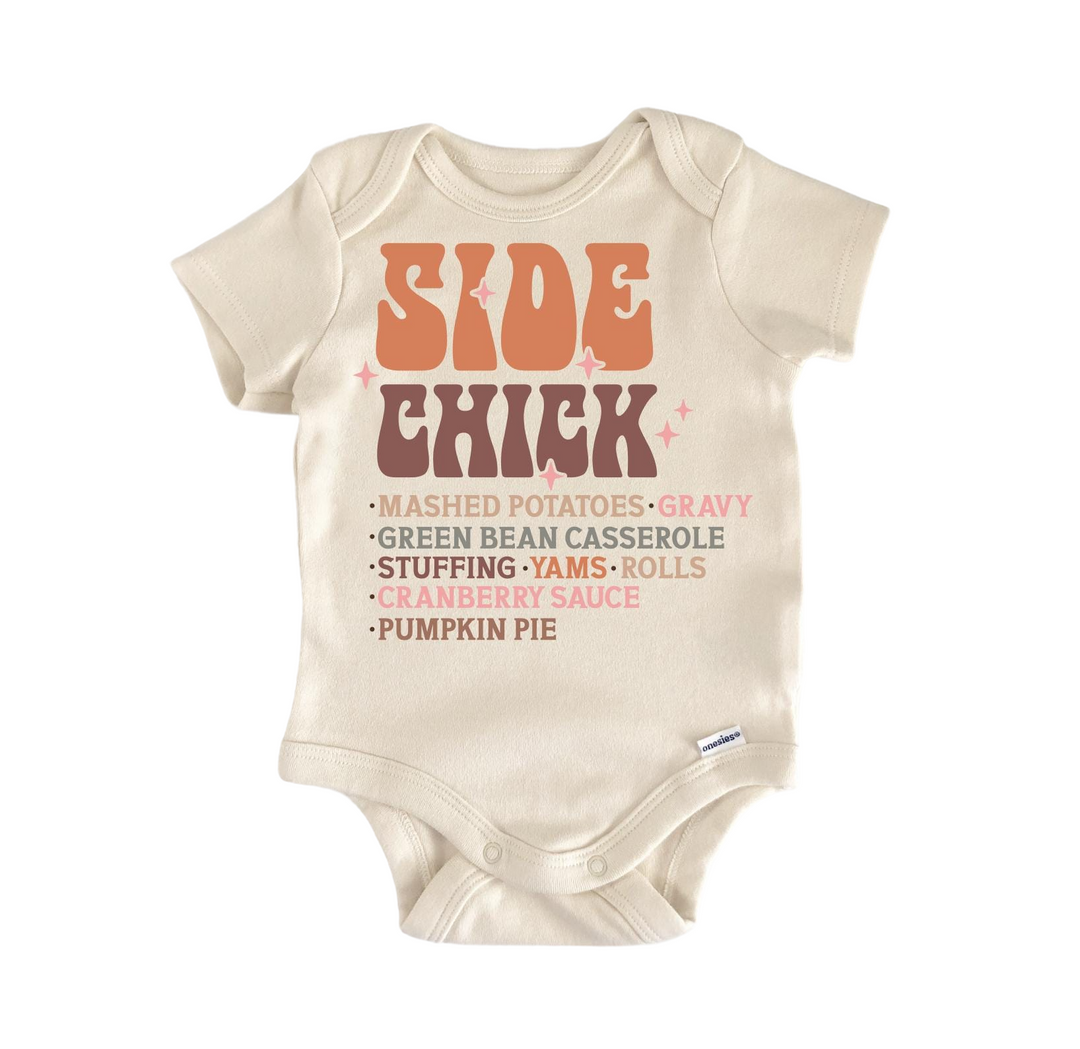 a baby bodysuit with the words side chick on it