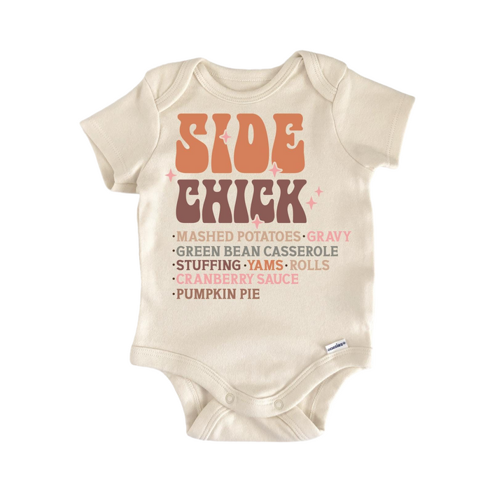 a baby bodysuit with the words side chick on it