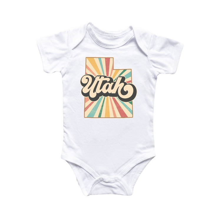 a white bodysuit with the word utah on it