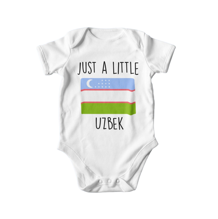 a baby bodysuit with the words just a little uzbekistan on it