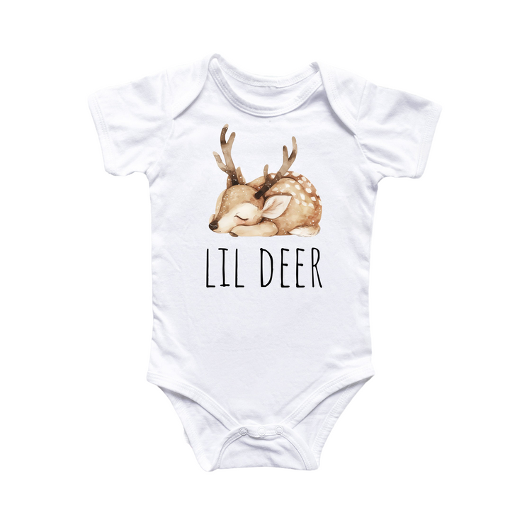 a white bodysuit with a deer head and the words lil deer on it