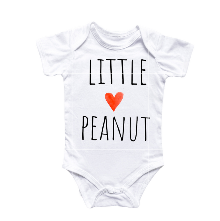 a white bodysuit with a red heart that says little peanut